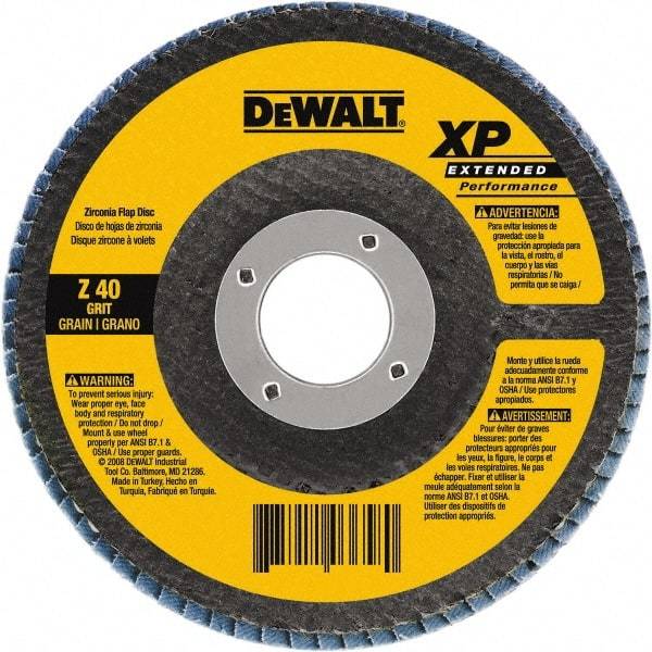 DeWALT - 80 Grit, 4-1/2" Disc Diam, 5/8-11 Center Hole, Type 27 Zirconia Alumina Flap Disc - 13,300 Max RPM, Cloth Backing, Arbor Attaching System, Coated - Caliber Tooling