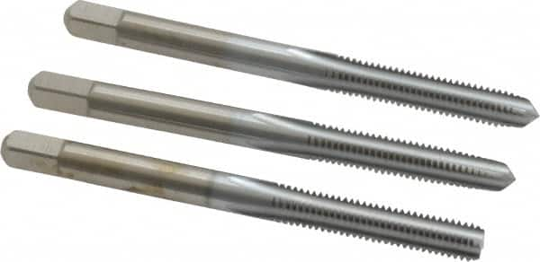 Made in USA - #10-32 UNF, 4 Flute, Bottoming, Plug & Taper, Chrome Finish, High Speed Steel Tap Set - Right Hand Cut, 2-3/8" OAL, 7/8" Thread Length, 2B/3B Class of Fit - Exact Industrial Supply