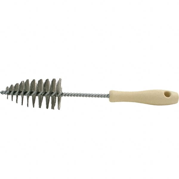 Brush Research Mfg. - 2.05" Diam Helical Stainless Steel Tube Brush - Single Spiral, 0.006" Filament Diam, 3-5/8" Brush Length, 12" OAL, 0.292" Diam Plastic Handle Shank - Caliber Tooling