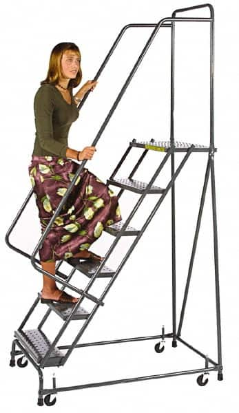 Ballymore - 83" 5 Step Ladder - Spring Loaded Rolling Safety Ladder, 450 Lb Capacity, 47-1/2" Platform Height, 30" Base Width x 42" Depth, Abrasive Mat Tread - Caliber Tooling