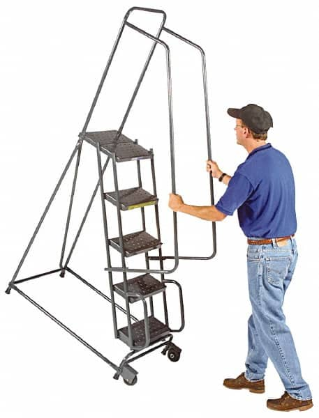 Ballymore - 78" 5 Step Ladder - Tilt & Roll Safety Ladder, 450 Lb Capacity, 47-1/2" Platform Height, 20" Base Width x 42" Base Depth, Heavy-Duty Serrated Grating - Caliber Tooling