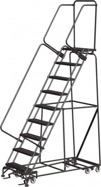 Ballymore - 123" 9 Step All-Directional Ladder - Rolling Safety Ladder, 350 Lb Capacity, 90" Platform Height, 32" Base Width x 68" Depth, Heavy-Duty Serrated Grating - Caliber Tooling