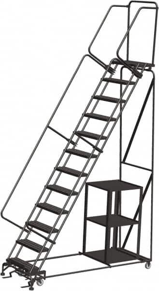 Ballymore - 153" 12 Step Ladder - Safety Stock Picking Ladder, 450 Lb Capacity, 120" Platform Height, 32" Base Width x 87" Depth, Perforated Tread - Caliber Tooling