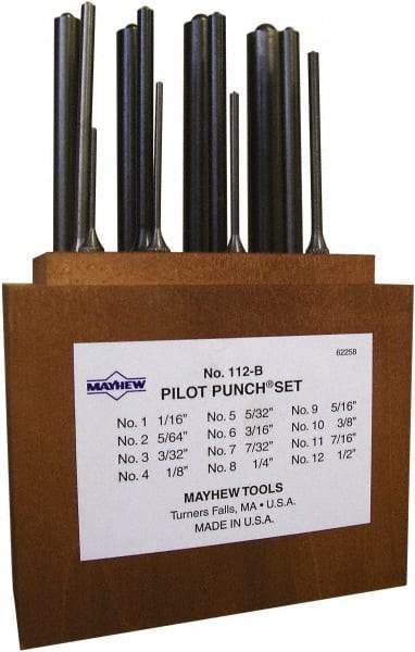 Mayhew - 12 Piece, 1/16 to 1/2", Roll Pin Punch Set - Round Shank, Alloy Steel, Comes in Wood Box - Caliber Tooling