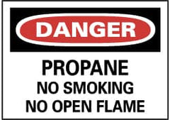 NMC - "Danger - Propane - No Smoking - No Open Flame", 10" Long x 14" Wide, Pressure-Sensitive Vinyl Safety Sign - Rectangle, 0.004" Thick, Use for Accident Prevention - Caliber Tooling