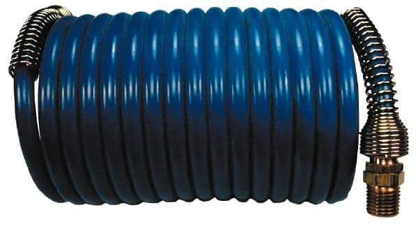 Coilhose Pneumatics - 1/4" ID, 1/4 Thread, 12' Long, Blue Nylon Coiled & Self Storing Hose - 220 Max psi, Male Swivel x Male Swivel - Caliber Tooling