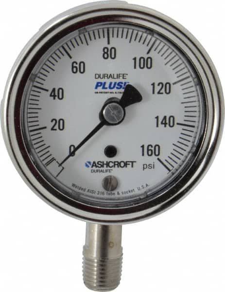 Ashcroft - 2-1/2" Dial, 1/4 Thread, 0-160 Scale Range, Pressure Gauge - Lower Connection Mount, Accurate to 1% of Scale - Caliber Tooling