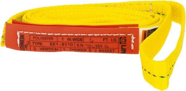 Lift-All - 6' Long x 1" Wide, 1,600 Lb Vertical Capacity, 1 Ply, Polyester Web Sling - 1,250 Lb Choker Capacity, Yellow - Caliber Tooling