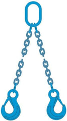 Pewag - 5' Long, 9,000 Lb Basket Capacity, 9,000 Lb Vertical Capacity, 2 Ply, Alloy Steel Web Sling - 4,500 Lb Choker Capacity, DOG Chain Sling, 9/32" Diam Chain, Blue, with 2 Grab Hooks & Master Link - Caliber Tooling