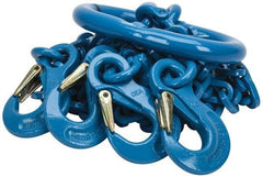 Pewag - 5' Long, 27,500 Lb Basket Capacity, 10,600 Lb Vertical Capacity, 4 Ply, Alloy Steel Web Sling - 10,600 Lb Choker Capacity, QOS Chain Sling, 3/8" Diam Chain, Blue, with 4 Sling Hooks & Master Link - Caliber Tooling