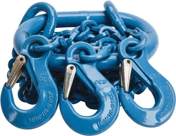 Pewag - 5' Long, 13,500 Lb Basket Capacity, 13,500 Lb Vertical Capacity, 3 Ply, Alloy Steel Web Sling - 4,500 Lb Choker Capacity, TOS Chain Sling, 9/32" Diam Chain, Blue, with 3 Sling Hooks & Master Link - Caliber Tooling