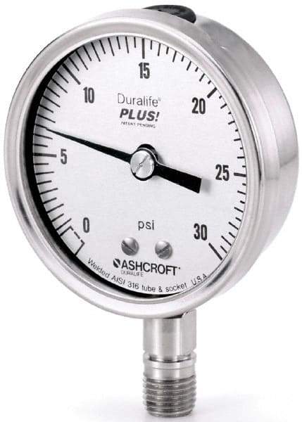 Ashcroft - 2-1/2" Dial, 1/4 Thread, 0-400 Scale Range, Pressure Gauge - Lower Connection Mount, Accurate to 1% of Scale - Caliber Tooling