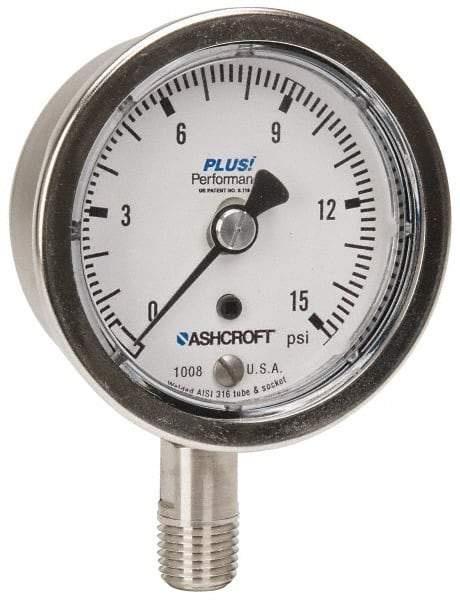 Ashcroft - 2-1/2" Dial, 1/4 Thread, 0-15 Scale Range, Pressure Gauge - Lower Connection Mount, Accurate to 3-2-3% of Scale - Caliber Tooling