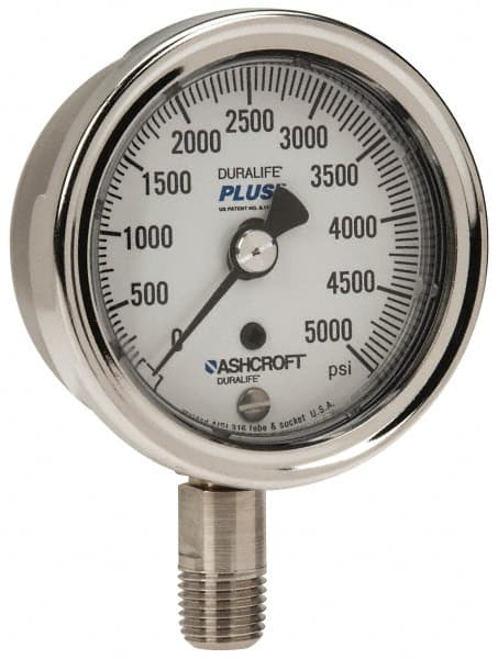 Ashcroft - 2-1/2" Dial, 1/4 Thread, 0-5,000 Scale Range, Pressure Gauge - Lower Connection Mount, Accurate to 1% of Scale - Caliber Tooling