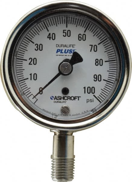 Ashcroft - 2-1/2" Dial, 1/4 Thread, 0-100 Scale Range, Pressure Gauge - Lower Connection Mount, Accurate to 1% of Scale - Caliber Tooling