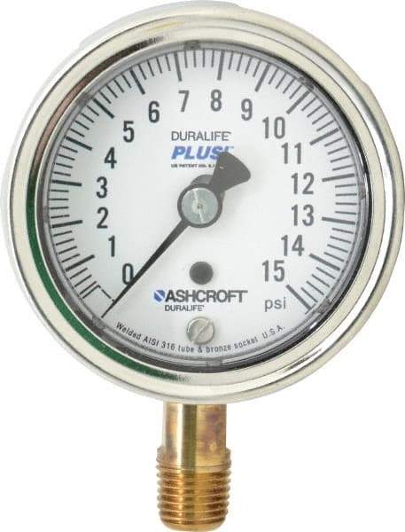 Ashcroft - 2-1/2" Dial, 1/4 Thread, 0-15 Scale Range, Pressure Gauge - Lower Connection Mount, Accurate to 1% of Scale - Caliber Tooling