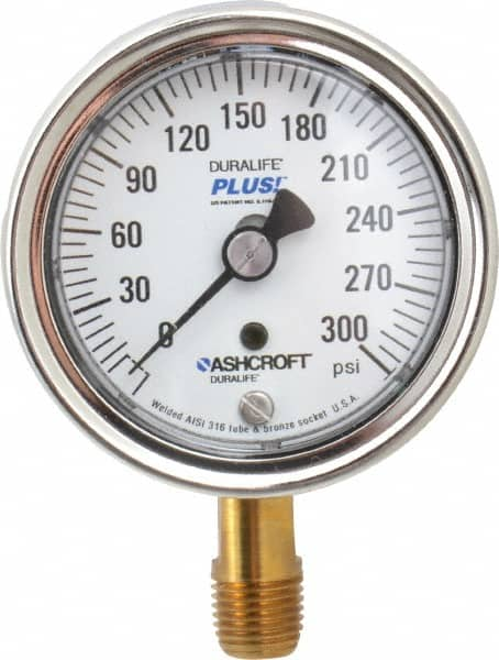 Ashcroft - 2-1/2" Dial, 1/4 Thread, 0-300 Scale Range, Pressure Gauge - Lower Connection Mount, Accurate to 1% of Scale - Caliber Tooling