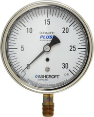 Ashcroft - 3-1/2" Dial, 1/4 Thread, 0-30 Scale Range, Pressure Gauge - Lower Connection Mount, Accurate to 1% of Scale - Caliber Tooling