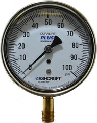 Ashcroft - 3-1/2" Dial, 1/4 Thread, 0-100 Scale Range, Pressure Gauge - Lower Connection Mount, Accurate to 1% of Scale - Caliber Tooling