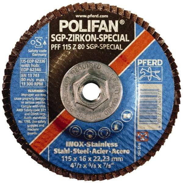 PFERD - 60 Grit, 5" Disc Diam, 5/8-11 Center Hole, Type 29 Zirconia Alumina Flap Disc - 12,200 Max RPM, Fiberglass Backing, Arbor Attaching System, Coated - Caliber Tooling