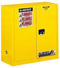 Justrite - 2 Door, 1 Shelf, Yellow Steel Standard Safety Cabinet for Flammable and Combustible Liquids - 44" High x 43" Wide x 18" Deep, Manual Closing Door, 3 Point Key Lock, 30 Gal Capacity - Caliber Tooling