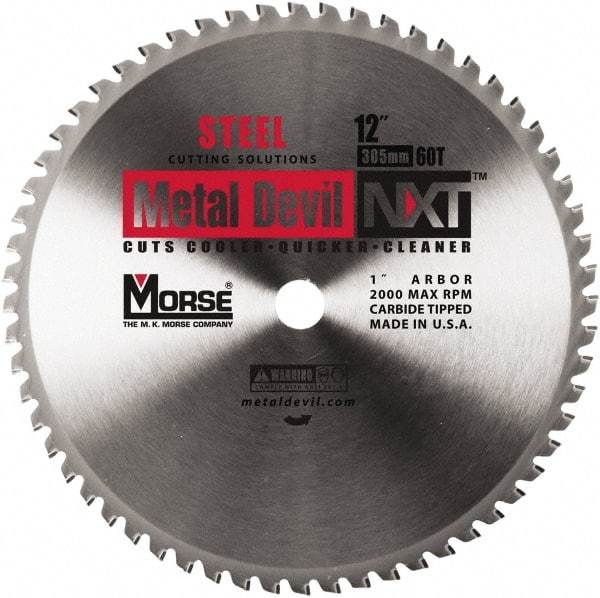 M.K. MORSE - 12" Diam, 1" Arbor Hole Diam, 60 Tooth Wet & Dry Cut Saw Blade - Steel, Standard Round Arbor - Caliber Tooling