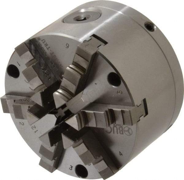 Buck Chuck Company - 6 Jaws, 4" Diam, Self Centering Manual Lathe Chuck - Front Mount, Adjustable, 4,725 Max RPM, 1.04" Through Hole Diam, Forged Steel - Caliber Tooling