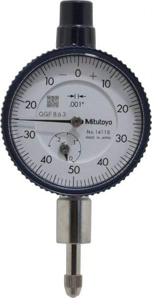 Mitutoyo - 1/4" Range, 0-50-0 Dial Reading, 0.001" Graduation Dial Drop Indicator - 1-5/8" Dial, 0.1" Range per Revolution, 0.001" Accuracy, Revolution Counter - Caliber Tooling