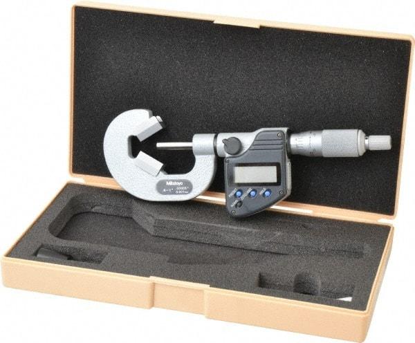 Mitutoyo - 0.4 to 1 Inch Measurement, Accuracy Up to 4 micro m, 3 Flutes Measured, Ratchet Stop Thimble, Electronic V Anvil Micrometer - 0.0001 Inch Resolution, Carbide, Data Output, SR44 Battery - Caliber Tooling