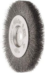 Weiler - 4" OD, 1/2" Arbor Hole, Crimped Steel Wheel Brush - 1/2" Face Width, 7/8" Trim Length, 0.006" Filament Diam, 12,500 RPM - Caliber Tooling