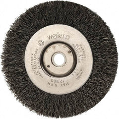 Weiler - 4" OD, 1/2" Arbor Hole, Crimped Steel Wheel Brush - 1/2" Face Width, 7/8" Trim Length, 0.008" Filament Diam, 12,500 RPM - Caliber Tooling