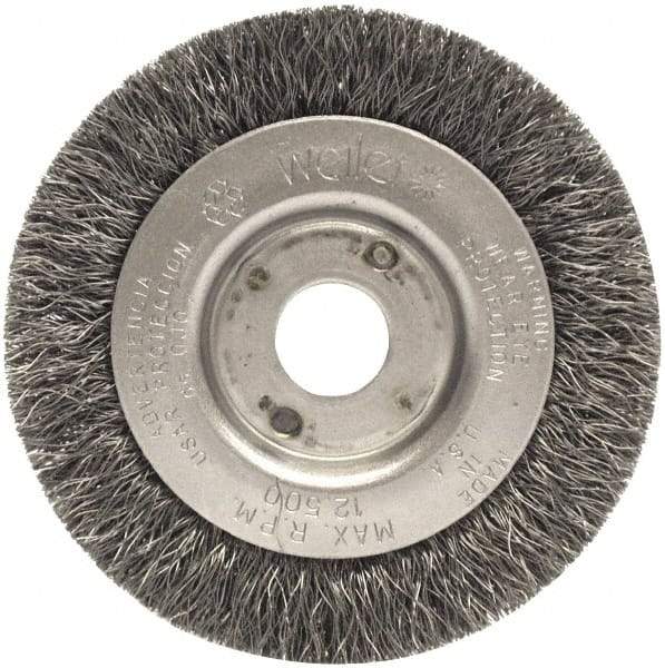 Weiler - 3" OD, 1/2" Arbor Hole, Crimped Steel Wheel Brush - 7/16" Face Width, 1/2" Trim Length, 0.014" Filament Diam, 12,500 RPM - Caliber Tooling