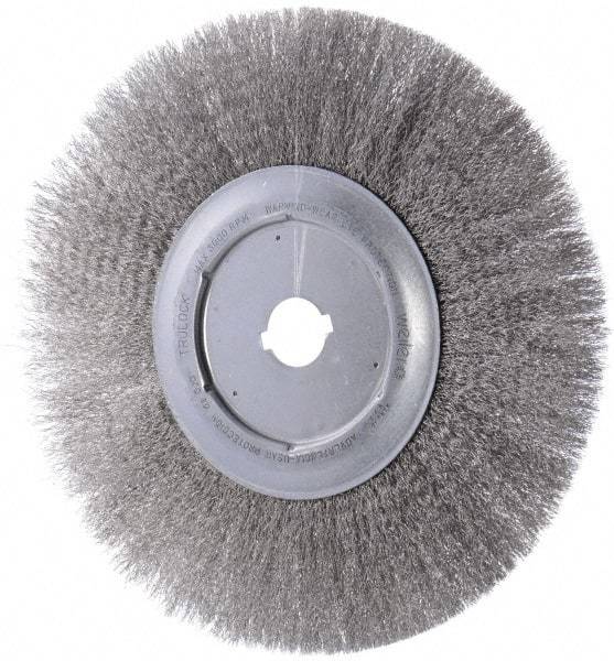 Weiler - 12" OD, 1-1/4" Arbor Hole, Crimped Stainless Steel Wheel Brush - 3/4" Face Width, 2-15/16" Trim Length, 0.0104" Filament Diam, 3,000 RPM - Caliber Tooling