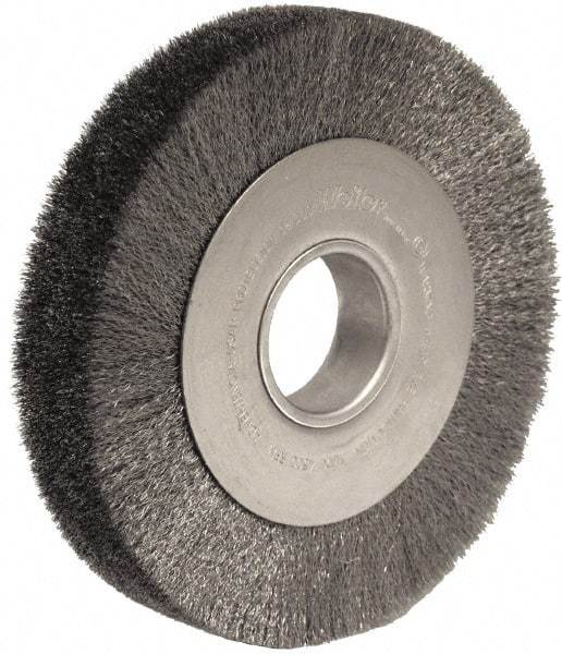 Weiler - 8" OD, 2" Arbor Hole, Crimped Steel Wheel Brush - 1-1/2" Face Width, 1-3/8" Trim Length, 0.006" Filament Diam, 4,500 RPM - Caliber Tooling