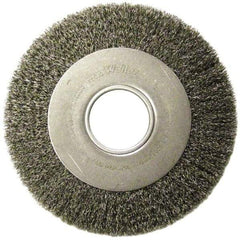 Weiler - 10" OD, 2" Arbor Hole, Crimped Steel Wheel Brush - 1-1/8" Face Width, 2" Trim Length, 0.02" Filament Diam, 3,600 RPM - Caliber Tooling