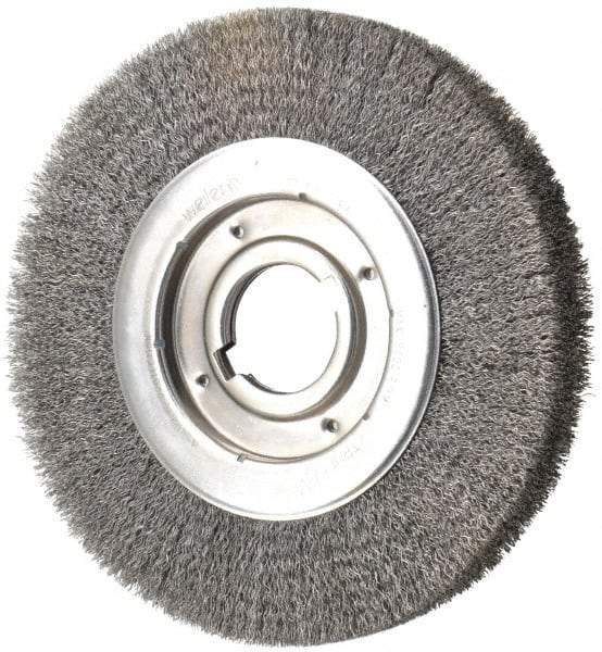 Weiler - 10" OD, 2" Arbor Hole, Crimped Steel Wheel Brush - 1-1/8" Face Width, 2" Trim Length, 0.0118" Filament Diam, 3,600 RPM - Caliber Tooling