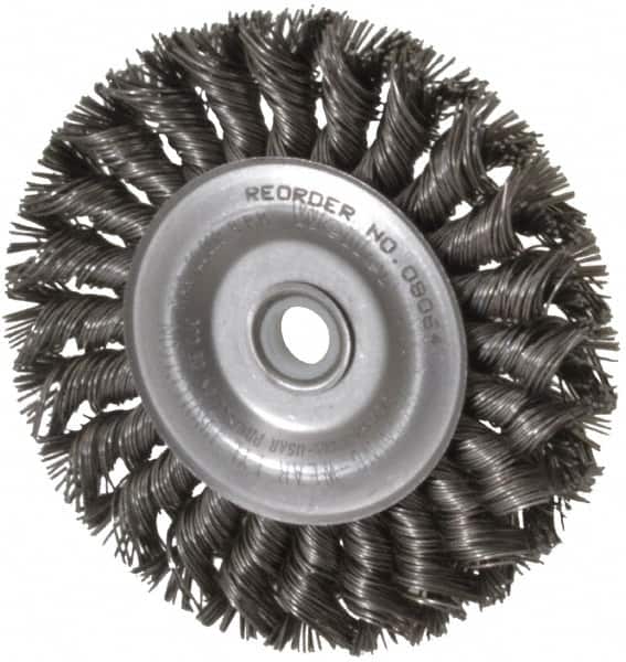 Weiler - 4" OD, 1/2" Arbor Hole, Knotted Steel Wheel Brush - 1/2" Face Width, 7/8" Trim Length, 0.02" Filament Diam, 20,000 RPM - Caliber Tooling
