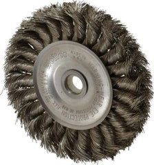 Weiler - 4" OD, 1/2" Arbor Hole, Knotted Stainless Steel Wheel Brush - 1/2" Face Width, 7/8" Trim Length, 0.0118" Filament Diam, 20,000 RPM - Caliber Tooling