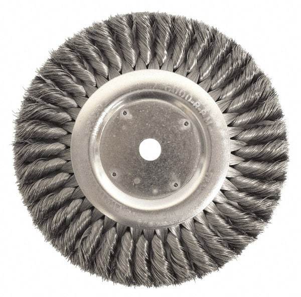 Weiler - 12" OD, 2" Arbor Hole, Knotted Steel Wheel Brush - 1-1/4" Face Width, 2-3/4" Trim Length, 0.016" Filament Diam, 3,600 RPM - Caliber Tooling