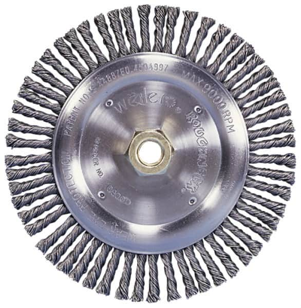 Weiler - 10" OD, 1-1/4" Arbor Hole, Knotted Steel Wheel Brush - 3/4" Face Width, 1-3/4" Trim Length, 0.014" Filament Diam, 4,500 RPM - Caliber Tooling