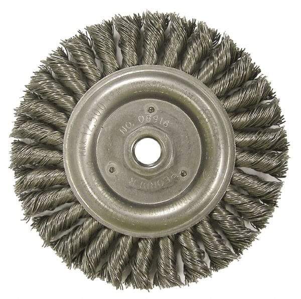 Weiler - 6" OD, 5/8-11 Arbor Hole, Knotted Steel Wheel Brush - 1/2" Face Width, 1-1/4" Trim Length, 0.023" Filament Diam, 12,500 RPM - Caliber Tooling