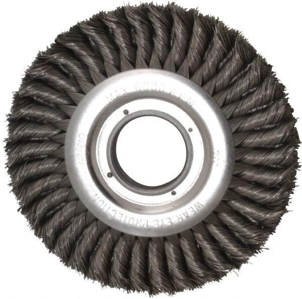 Weiler - 8" OD, 2" Arbor Hole, Knotted Steel Wheel Brush - 1" Face Width, 1-5/8" Trim Length, 0.016" Filament Diam, 6,000 RPM - Caliber Tooling