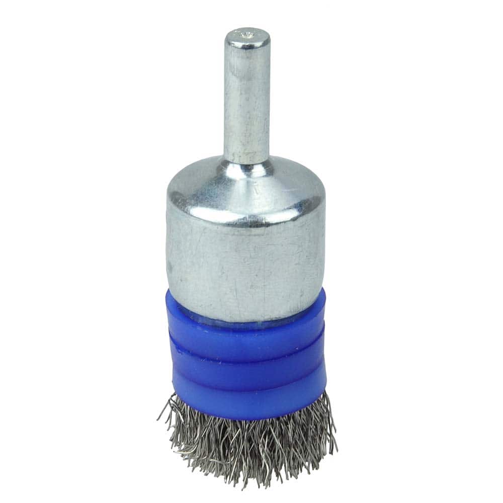 Weiler - End Brushes; Brush Diameter (Inch): 3/4 ; Fill Material: Stainless Steel ; Filament/Wire Diameter Range (Decimal Inch): 0.0201 and Above ; Filament/Wire Diameter (Decimal Inch): 0.0104 ; Wire Type: Crimped Wire ; Bridled: Yes - Exact Industrial Supply