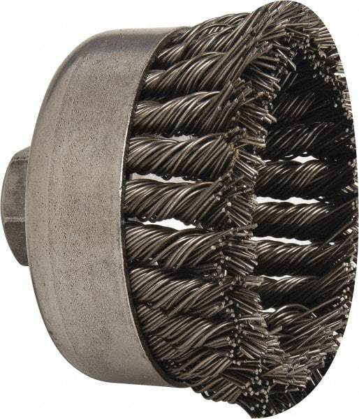 Weiler - 4" Diam, 5/8-11 Threaded Arbor, Steel Fill Cup Brush - 0.035 Wire Diam, 1-1/4" Trim Length, 9,000 Max RPM - Caliber Tooling