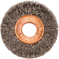 Weiler - 1-1/2" OD, 3/8" Arbor Hole, Crimped Steel Wheel Brush - 1/4" Face Width, 7/16" Trim Length, 0.008" Filament Diam, 20,000 RPM - Caliber Tooling