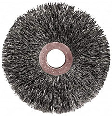 Weiler - 2" OD, 1/2" Arbor Hole, Crimped Steel Wheel Brush - 3/8" Face Width, 1/2" Trim Length, 0.0104" Filament Diam, 20,000 RPM - Caliber Tooling