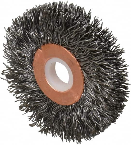 Weiler - 2" OD, 1/2" Arbor Hole, Crimped Steel Wheel Brush - 3/8" Face Width, 1/2" Trim Length, 0.014" Filament Diam, 20,000 RPM - Caliber Tooling