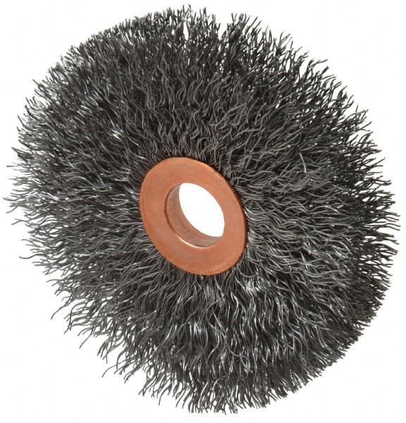 Weiler - 3" OD, 1/2" Arbor Hole, Crimped Steel Wheel Brush - 5/8" Face Width, 1" Trim Length, 0.0104" Filament Diam, 20,000 RPM - Caliber Tooling