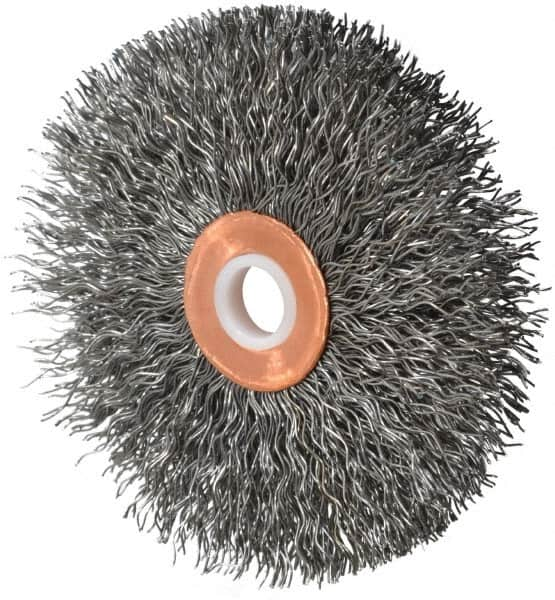 Weiler - 3" OD, 1/2" Arbor Hole, Crimped Steel Wheel Brush - 5/8" Face Width, 1" Trim Length, 0.014" Filament Diam, 20,000 RPM - Caliber Tooling