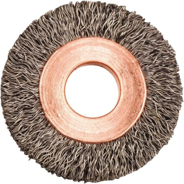 Weiler - 1-1/4" OD, 3/8" Arbor Hole, Crimped Steel Wheel Brush - 1/4" Face Width, 5/16" Trim Length, 0.008" Filament Diam, 20,000 RPM - Caliber Tooling